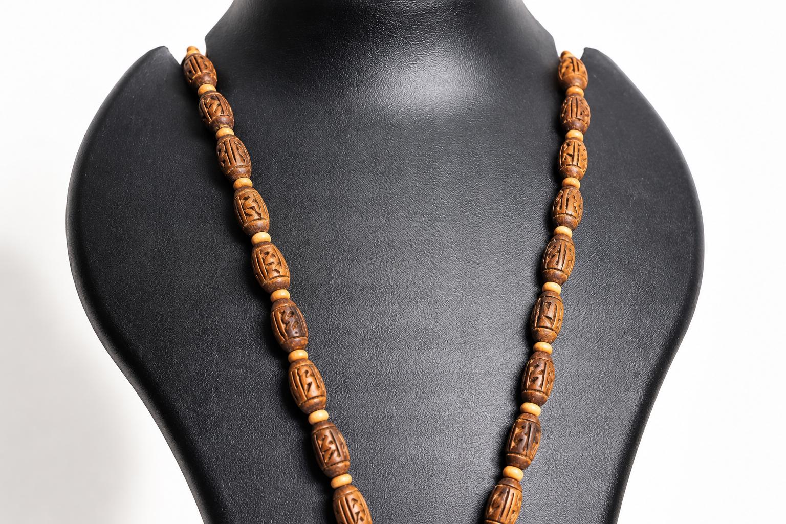 Hand Carved Radha Tulsi Mala Necklace, Holy Basil Beads, Iskcon Devotional Jewelry