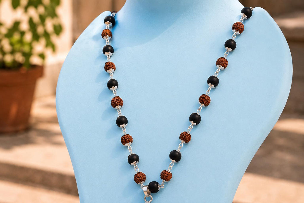 Orignal Pure Rudraksha & Karungali Silver Plated Mala with Trishul Pendant