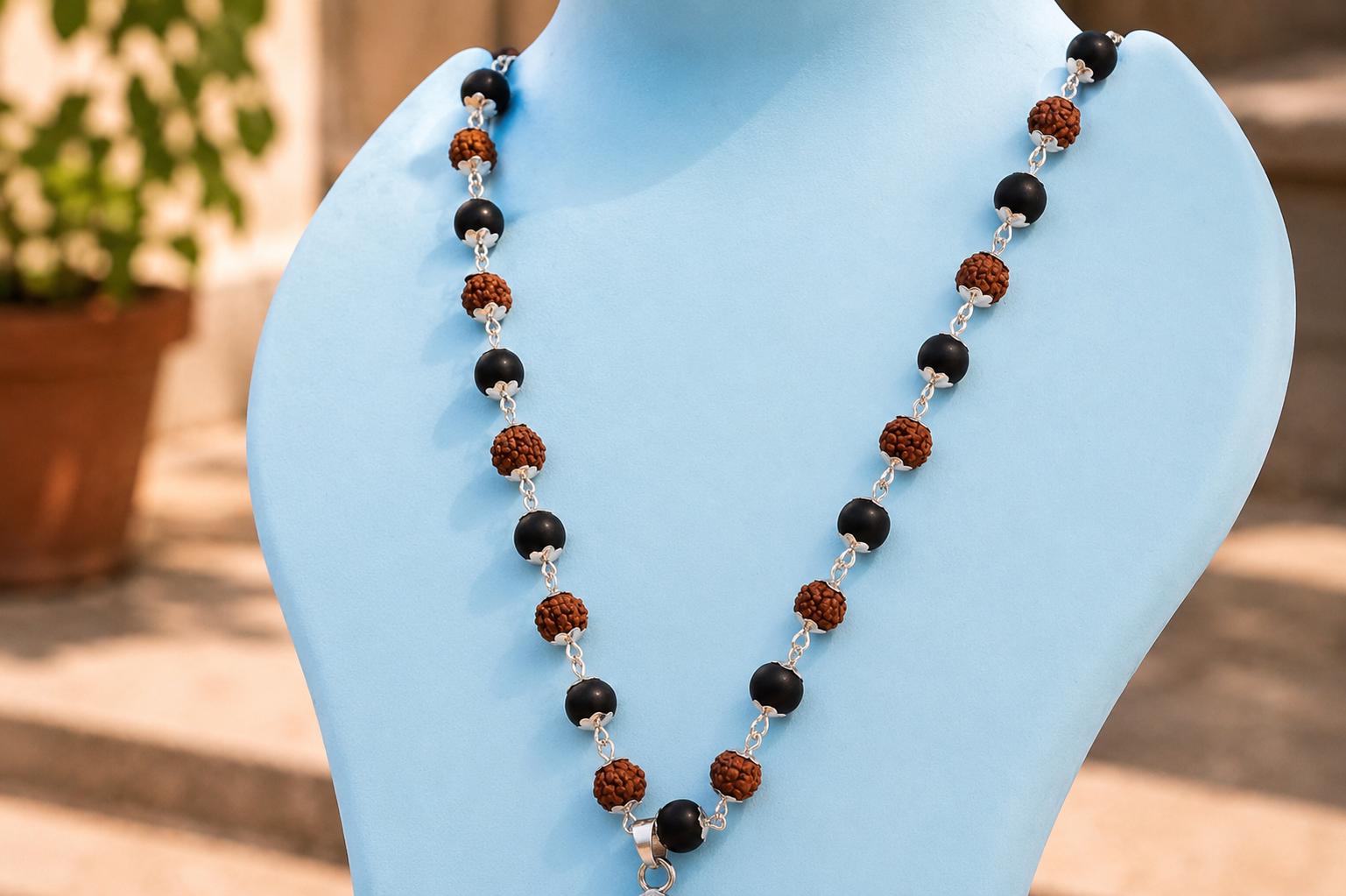 Orignal Pure Rudraksha & Karungali Silver Plated Mala with Trishul Pendant