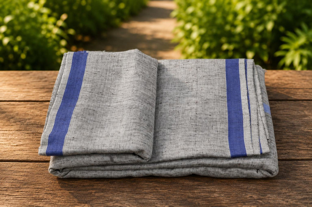 Pure Cotton Khadi Dhoti Chaddar Set | Blue Border Vedic Men's Wear