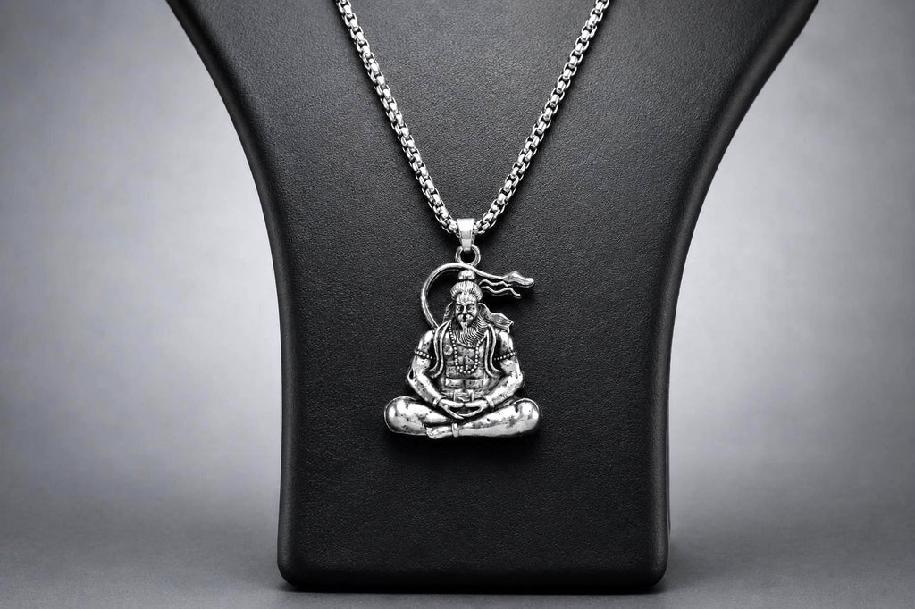 Meditating Hanuman protection Pendant Necklace, Antique Silver Tone, Spiritual Men's Jewelry