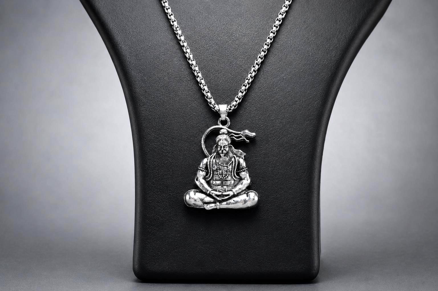Meditating Hanuman protection Pendant Necklace, Antique Silver Tone, Spiritual Men's Jewelry