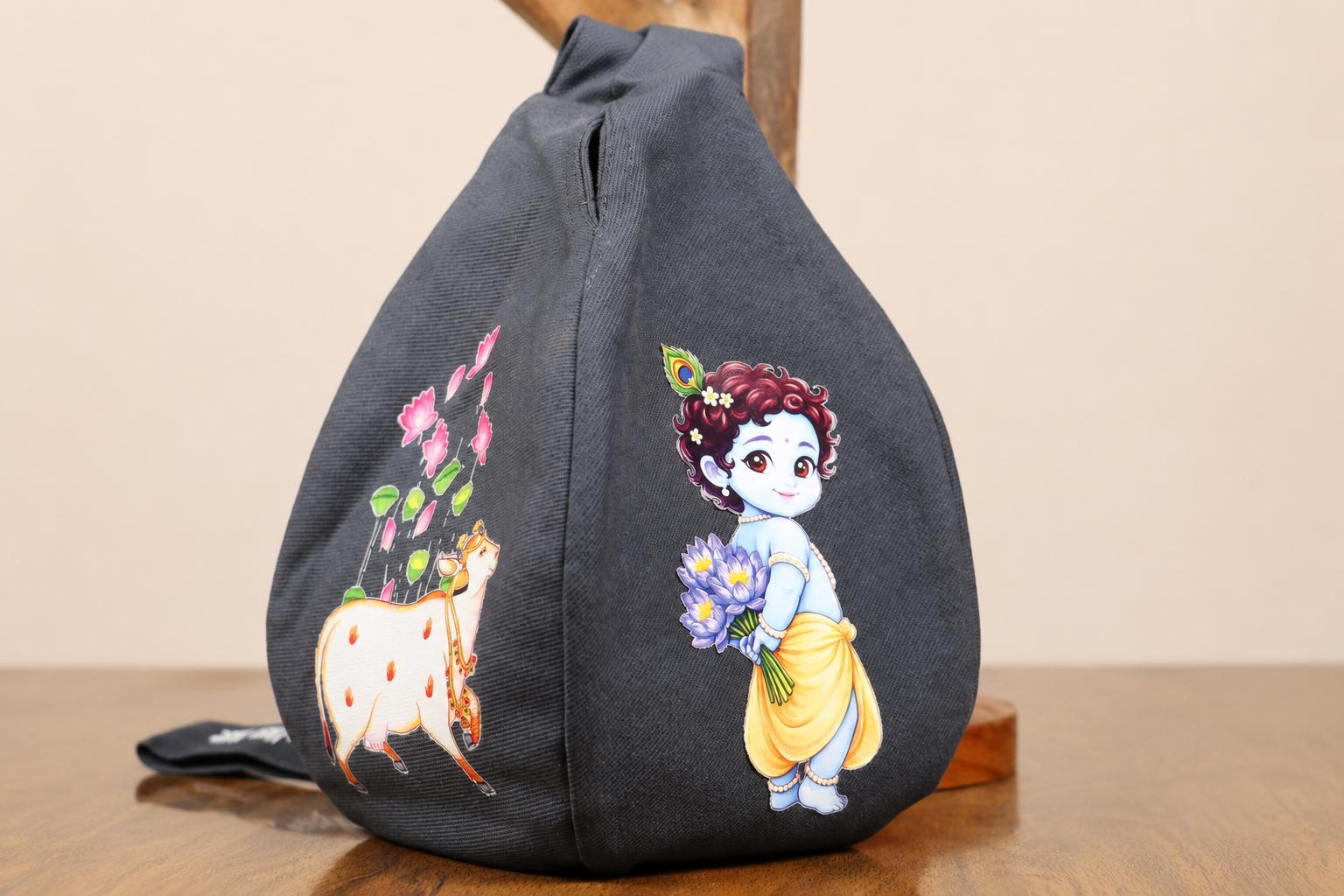 Cotton Japa Bag for Chanting  – Krishna & Cow Design, Standard size , Prayer bead bag