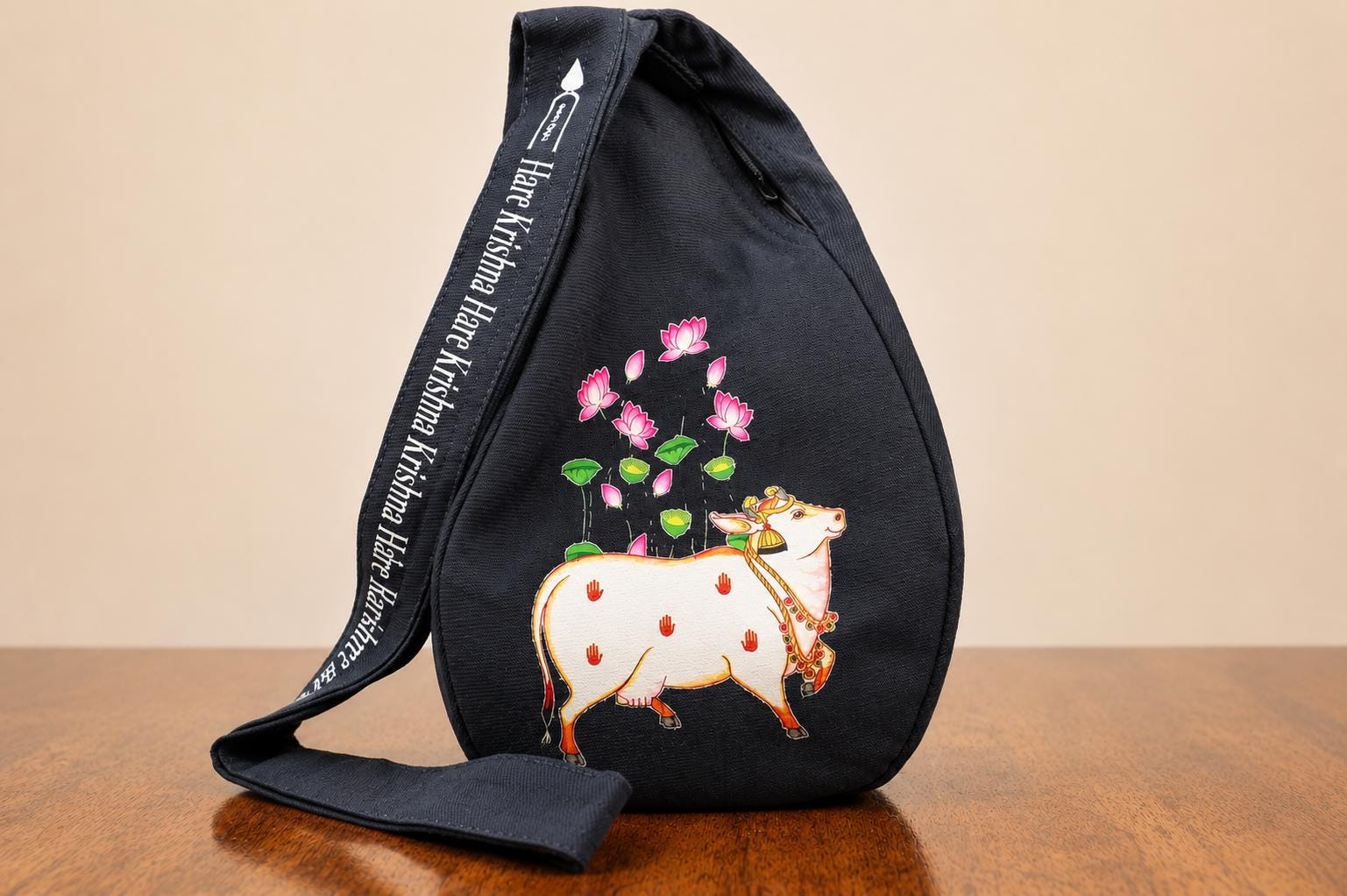 Cotton Japa Bag for Chanting  – Krishna & Cow Design, Standard size , Prayer bead bag