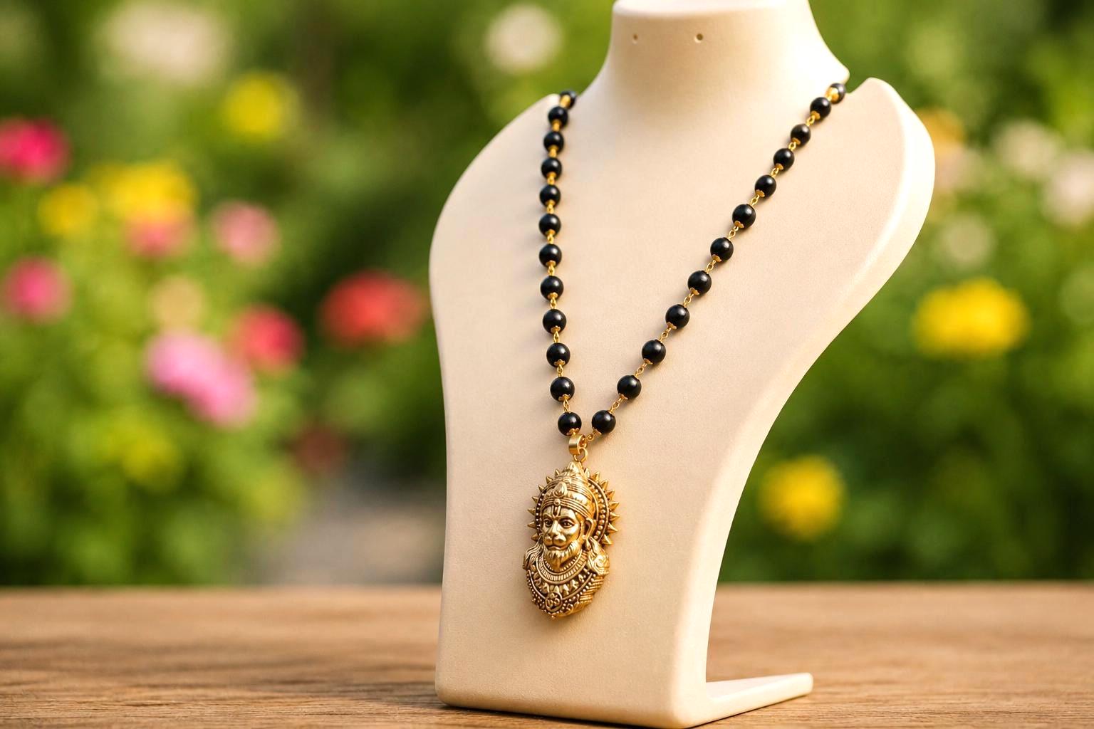 Karungali Beads Mala Necklace With Hanuman Pendant, Ebony Wood Hindu Deity Jewelry, Spiritual Men