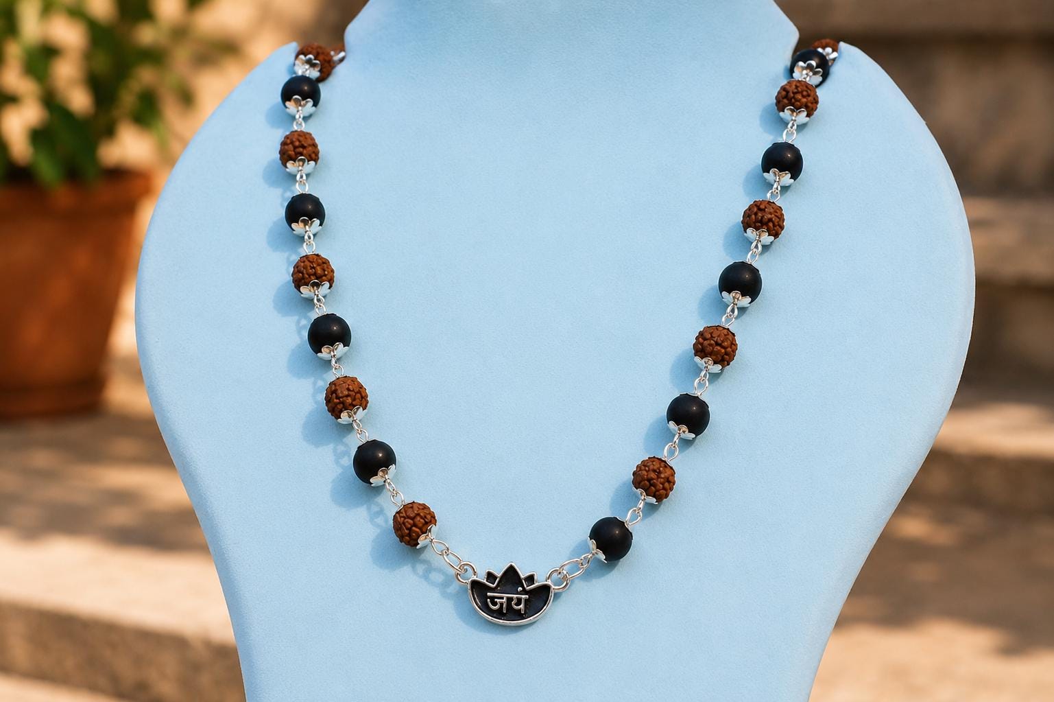 Orignal Pure Rudraksha & Karungali Silver Plated Mala with Trishul Pendant