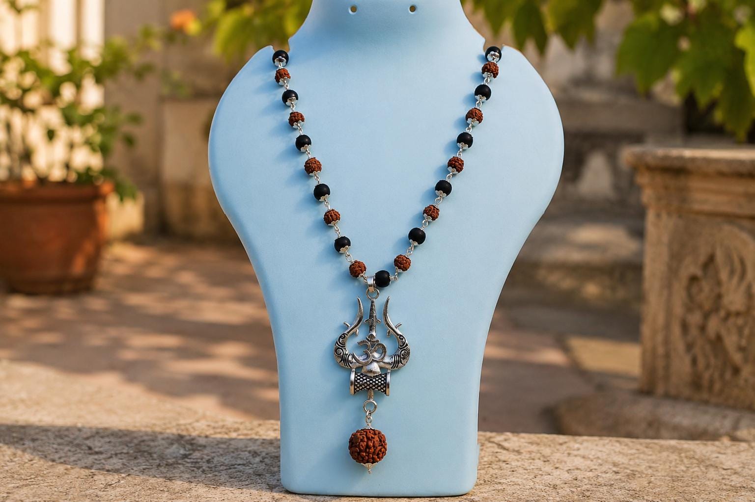 Orignal Pure Rudraksha & Karungali Silver Plated Mala with Trishul Pendant