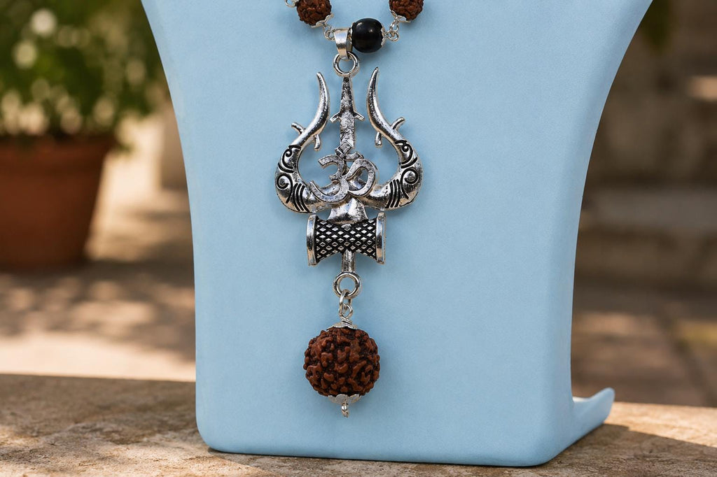 Orignal Pure Rudraksha & Karungali Silver Plated Mala with Trishul Pendant