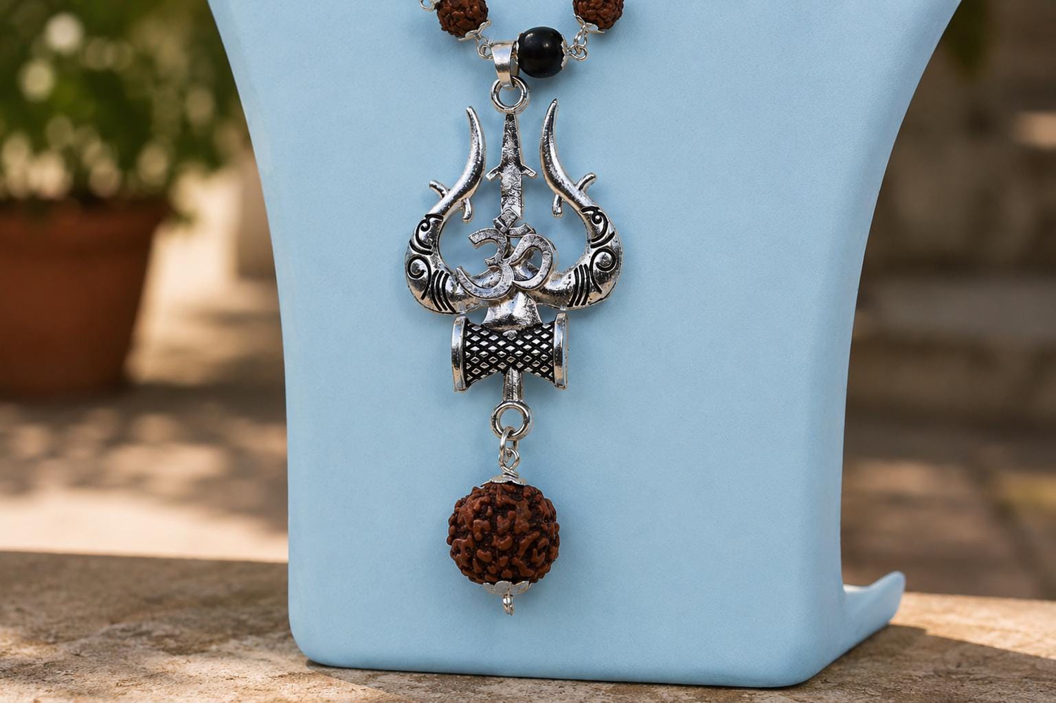 Orignal Pure Rudraksha & Karungali Silver Plated Mala with Trishul Pendant