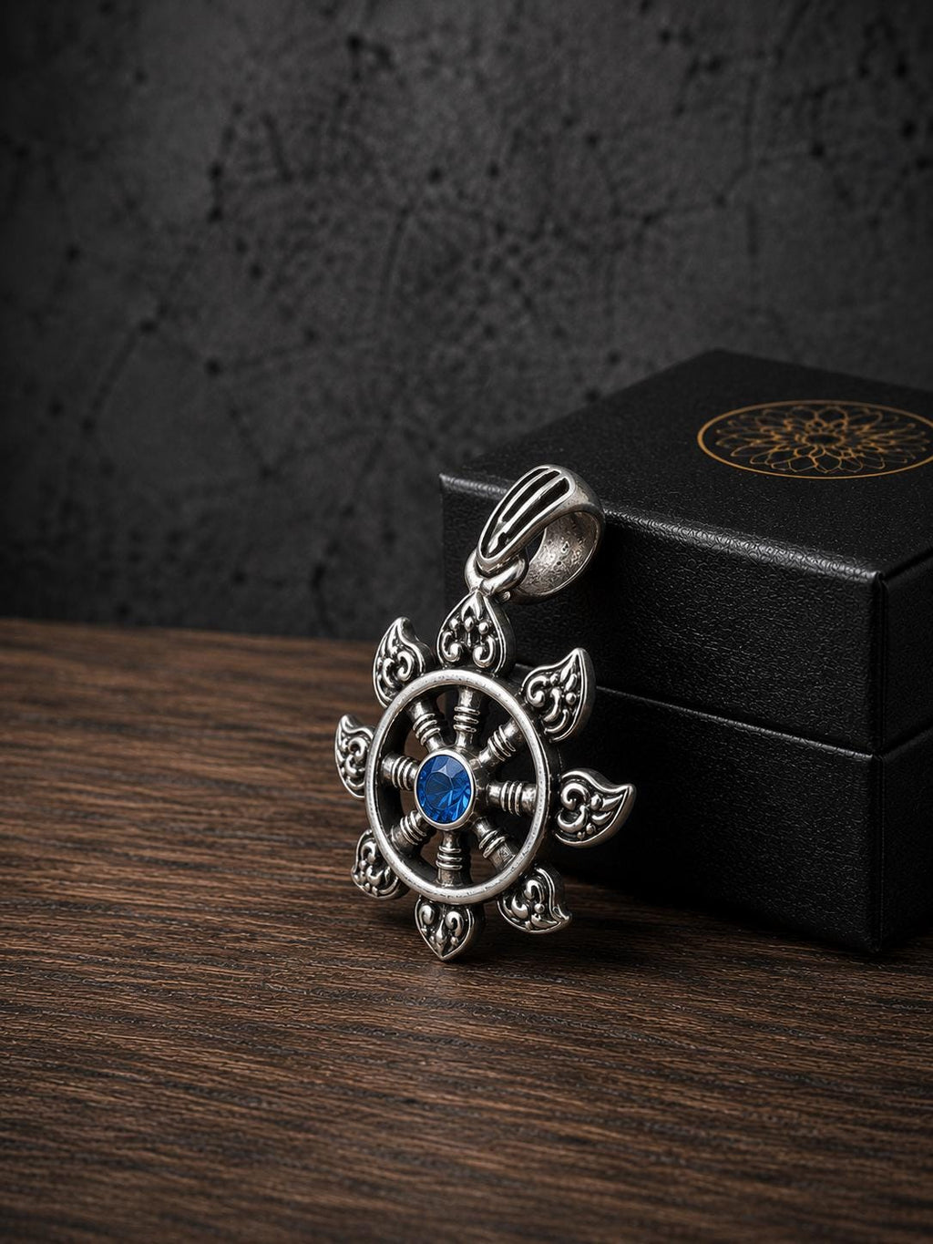 Pure Silver Sudarshana Chakra Pendant, Oxidized Vedic Protection Wheel Necklace