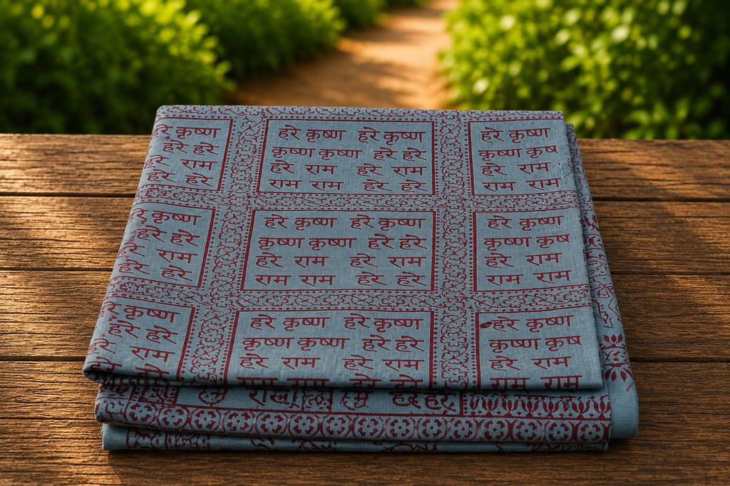 Pure Cotton Harinam Chaddar | Hare Krishna Mahamantra Prayer Shawl, Block Print Dupatta