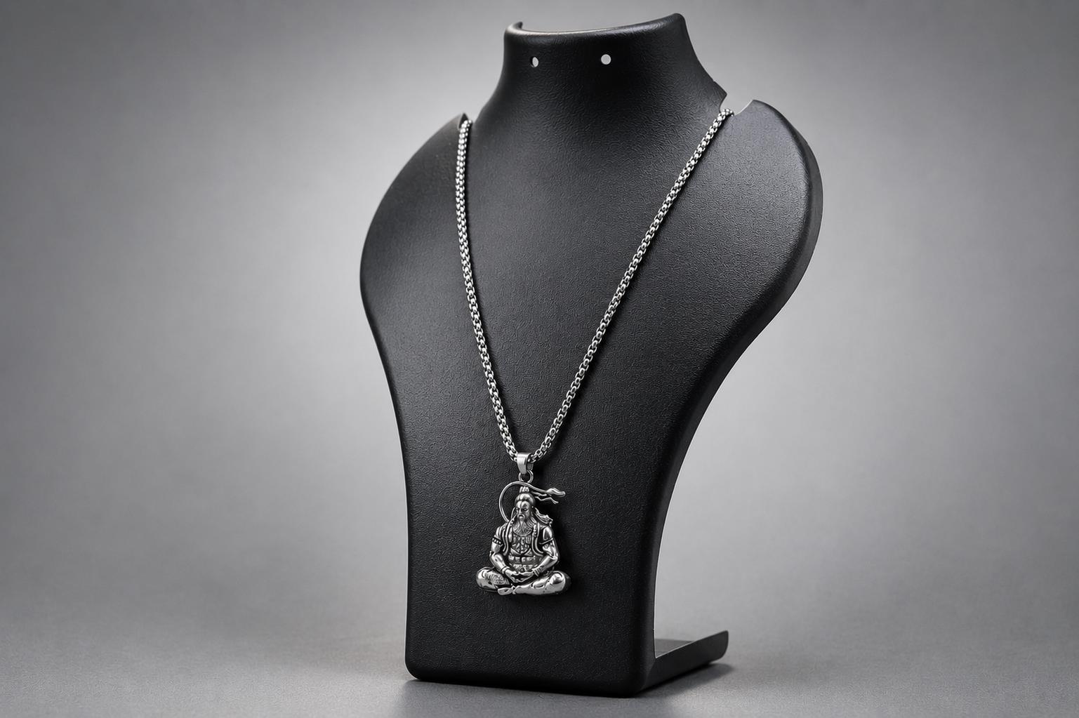 Meditating Hanuman protection Pendant Necklace, Antique Silver Tone, Spiritual Men's Jewelry