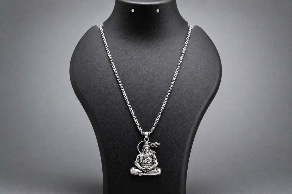Meditating Hanuman protection Pendant Necklace, Antique Silver Tone, Spiritual Men's Jewelry