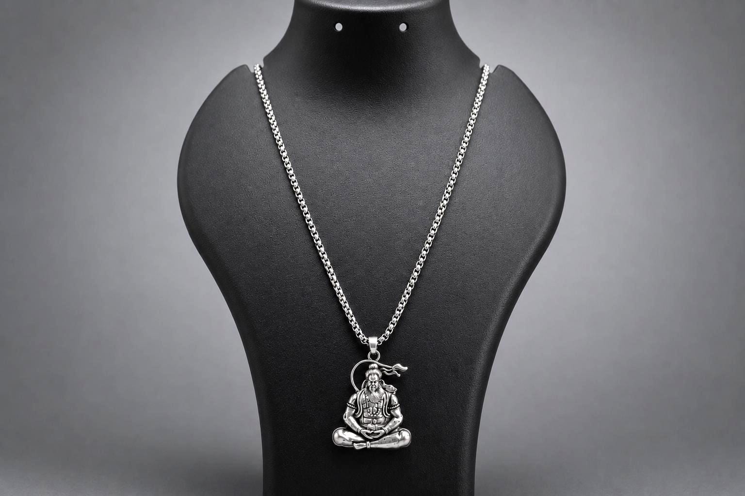 Meditating Hanuman protection Pendant Necklace, Antique Silver Tone, Spiritual Men's Jewelry