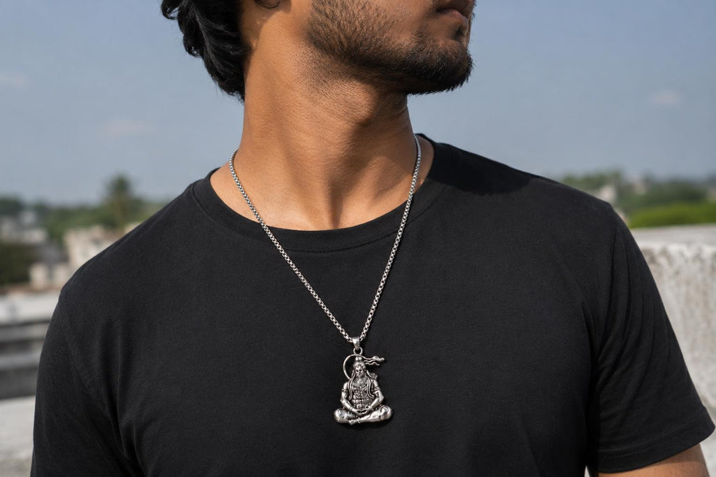 Meditating Hanuman protection Pendant Necklace, Antique Silver Tone, Spiritual Men's Jewelry