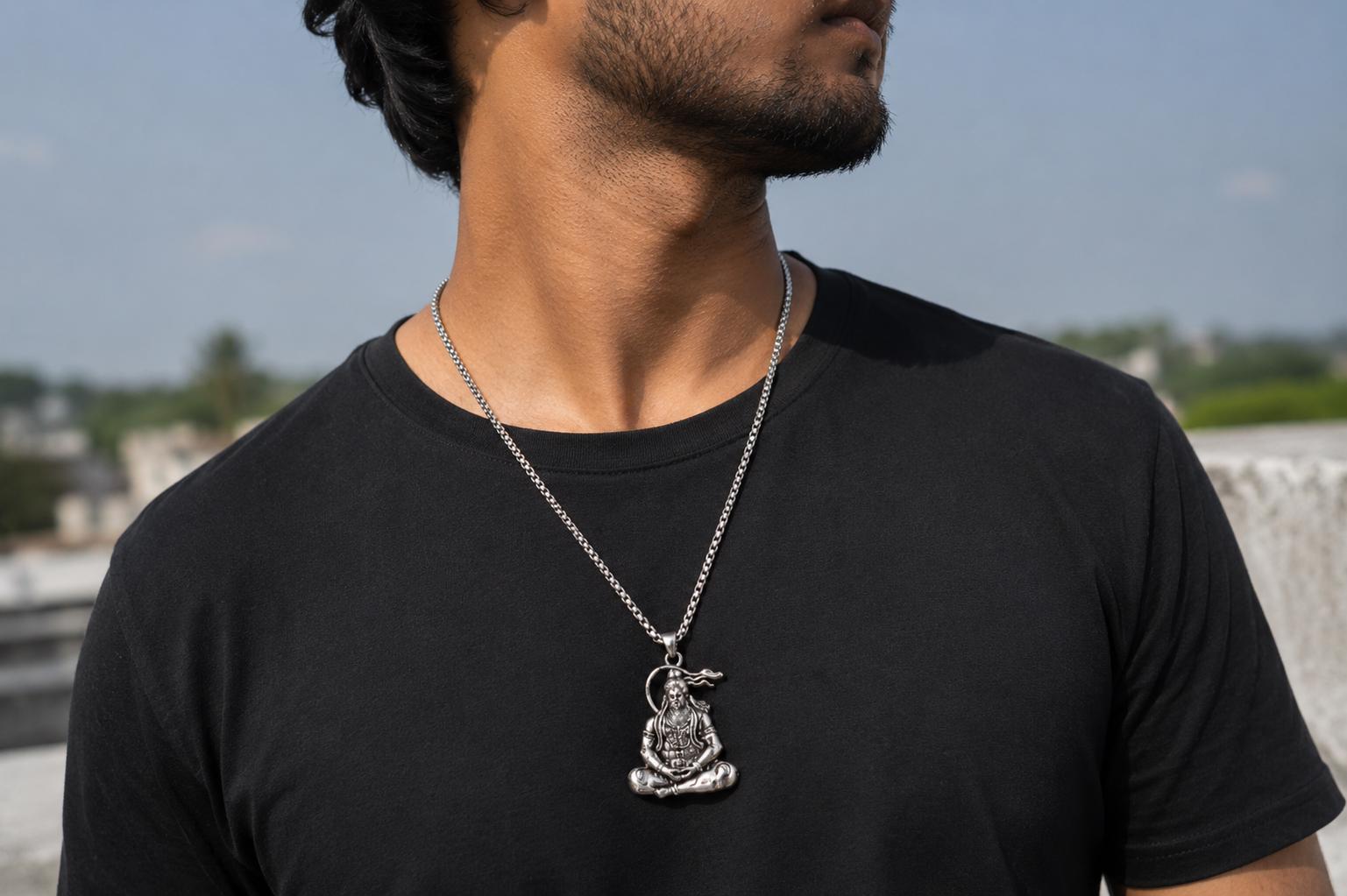 Meditating Hanuman protection Pendant Necklace, Antique Silver Tone, Spiritual Men's Jewelry
