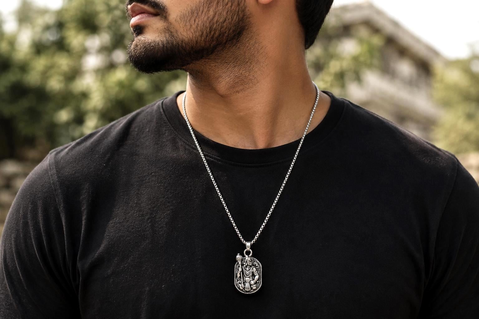 Lord Hanuman Pendant Necklace, Hindu Deity Metal Jewelry, Spiritual Men