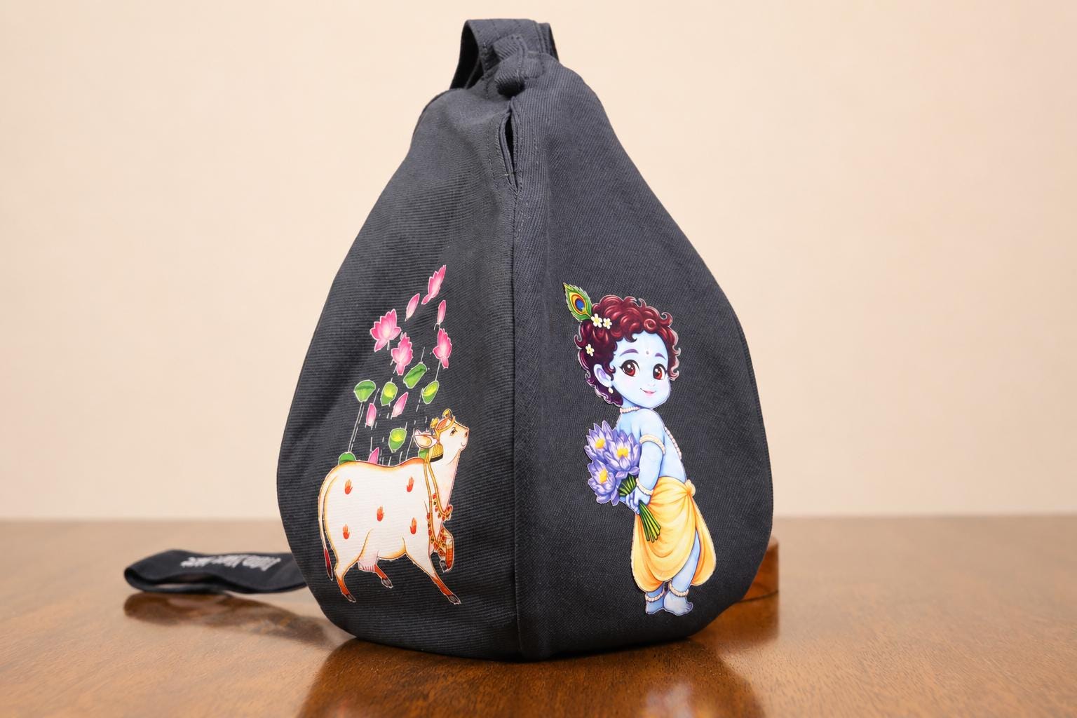 Cotton Japa Bag for Chanting  – Krishna & Cow Design, Standard size , Prayer bead bag