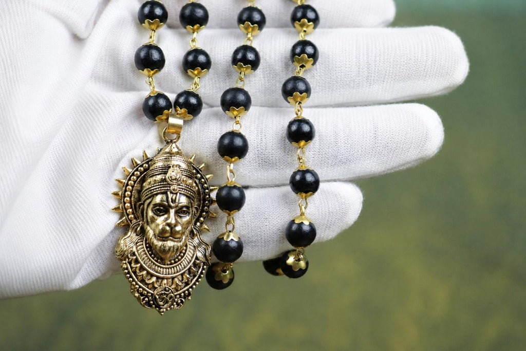 Karungali Beads Mala Necklace With Hanuman Pendant, Ebony Wood Hindu Deity Jewelry, Spiritual Men
