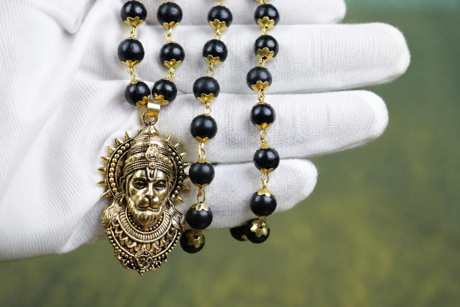 Karungali Beads Mala Necklace With Hanuman Pendant, Ebony Wood Hindu Deity Jewelry, Spiritual Men