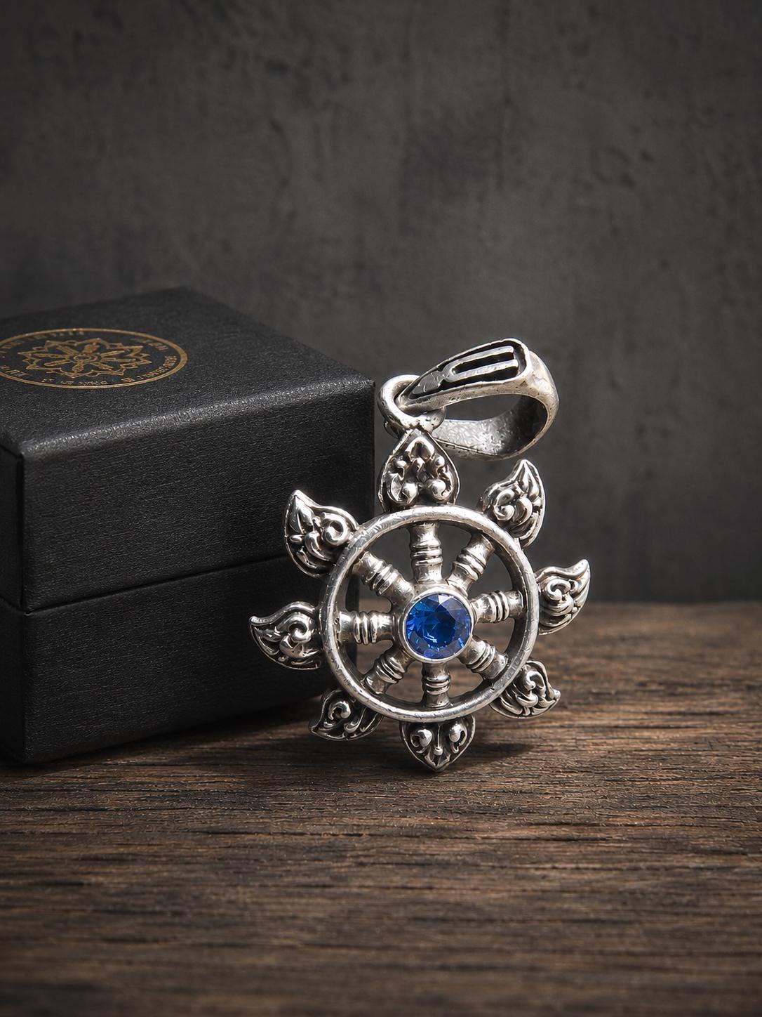 Pure Silver Sudarshana Chakra Pendant, Oxidized Vedic Protection Wheel Necklace