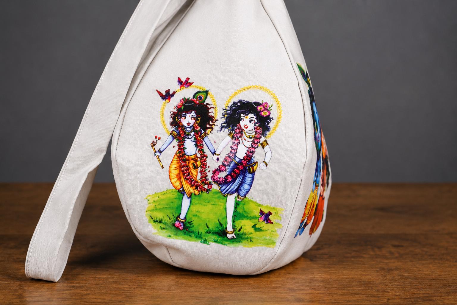 Cotton Japa Chanting Bag – Radha & Krsna Printed Design, Standard size , Prayer bead bag