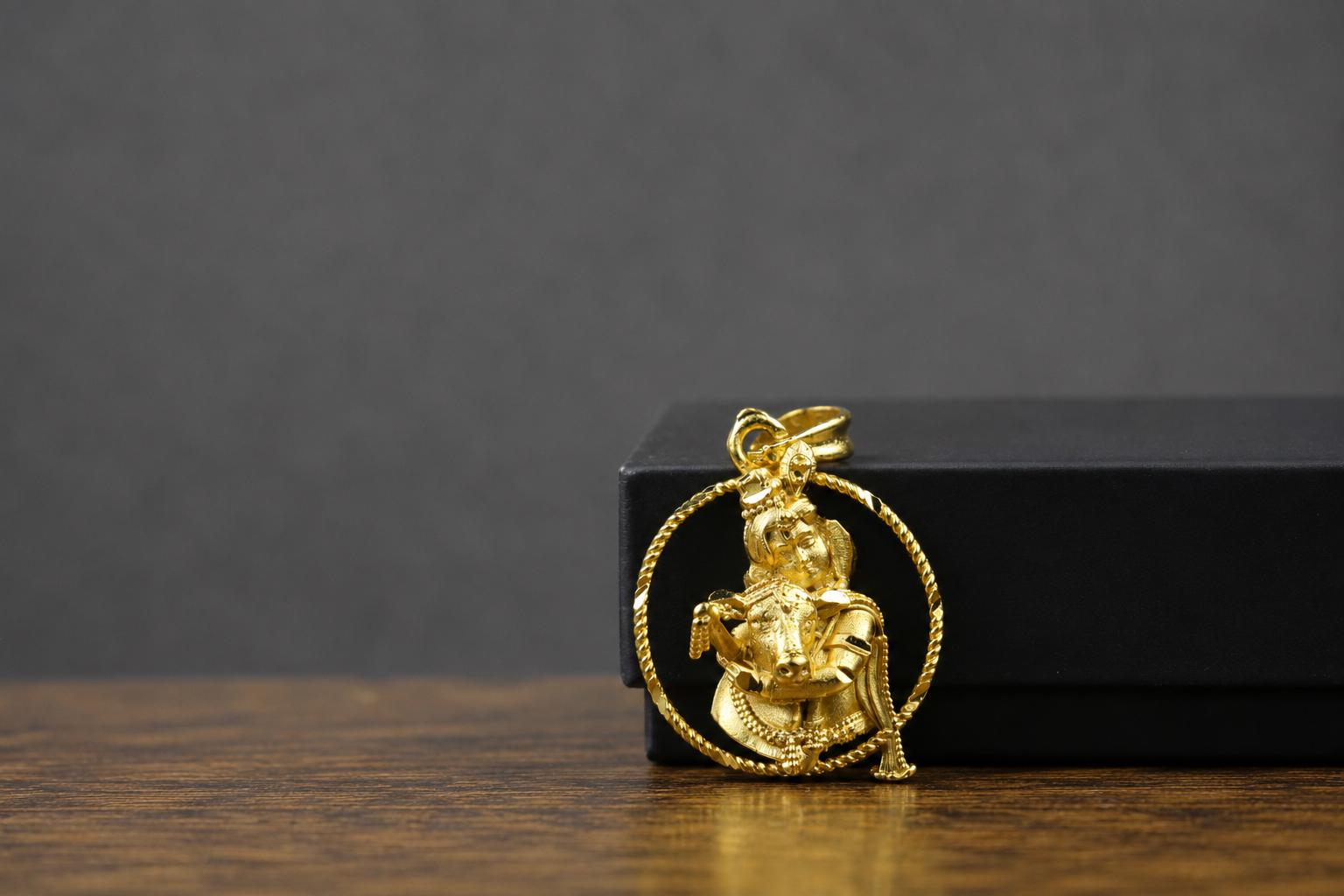 Gold Plated Panchaloham Krishna With Cow Pendant, Vedic Protection Amulet