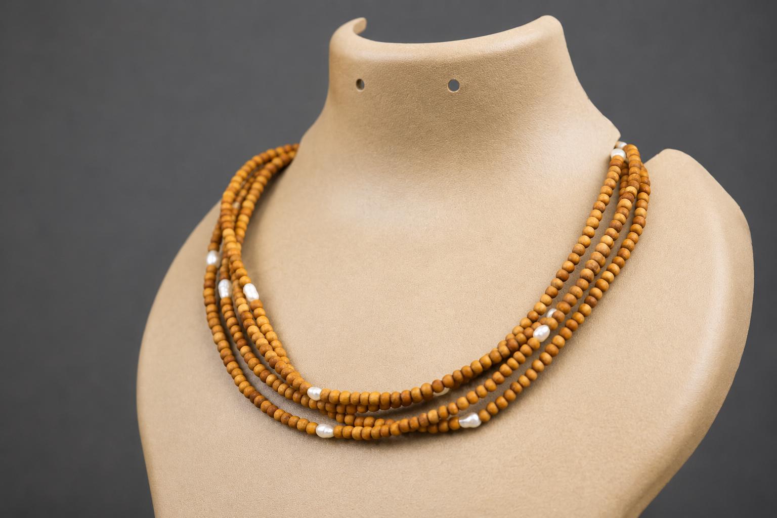 3-Round Tulsi Mala Necklace with Natural Pearls – Sacred Tulasi Wood Kanthimala - Spirutual Gift