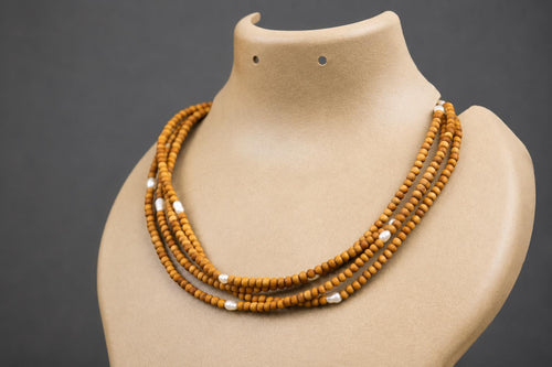 3-Round Tulsi Mala Necklace with Natural Pearls – Sacred Tulasi Wood Kanthimala - Spirutual Gift