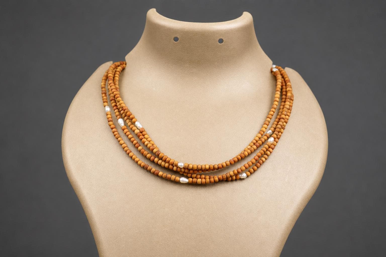 3-Round Tulsi Mala Necklace with Natural Pearls – Sacred Tulasi Wood Kanthimala - Spirutual Gift