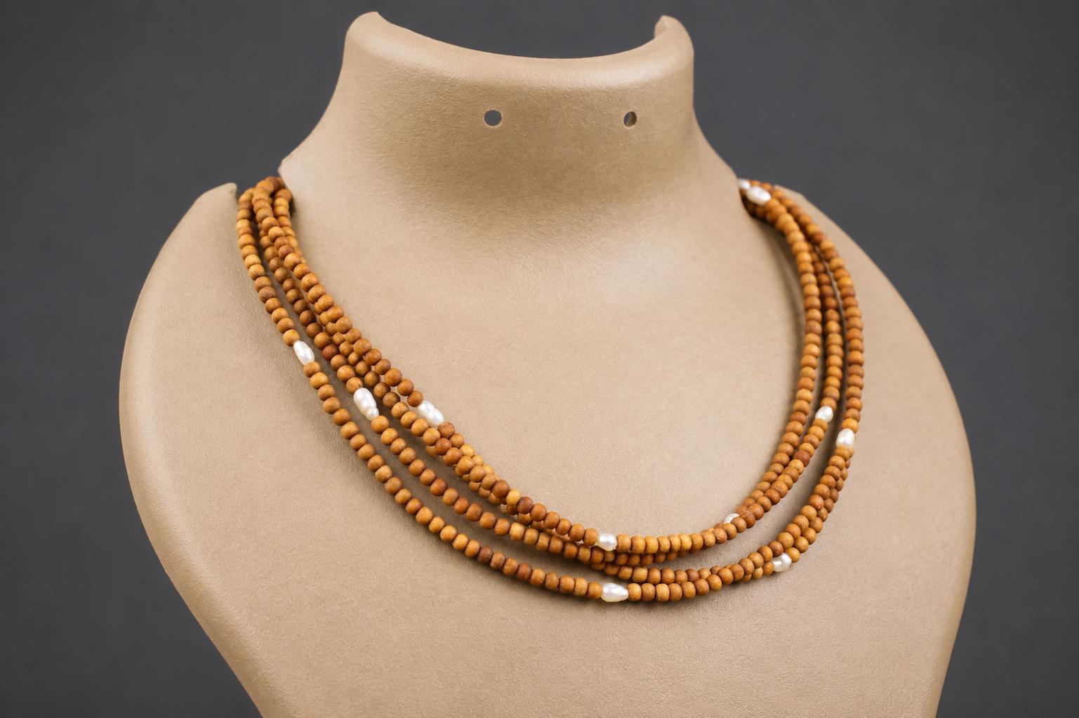 3-Round Tulsi Mala Necklace with Natural Pearls – Sacred Tulasi Wood Kanthimala - Spirutual Gift