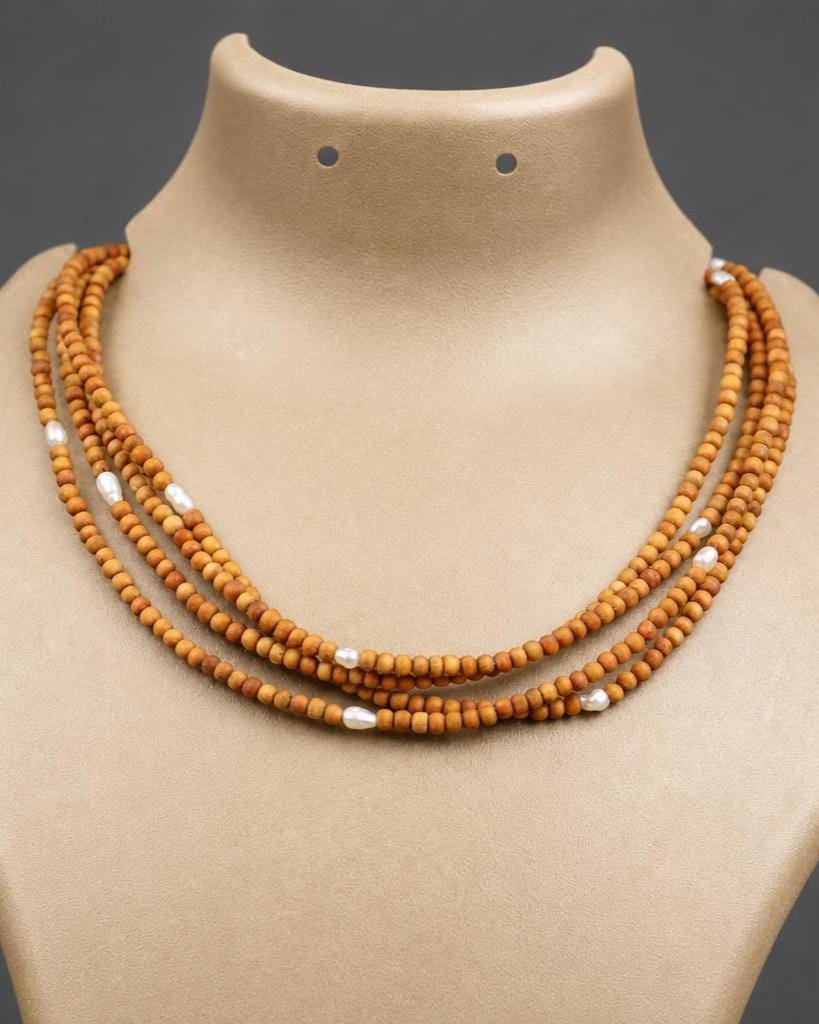 3-Round Tulsi Mala Necklace with Natural Pearls – Sacred Tulasi Wood Kanthimala - Spirutual Gift