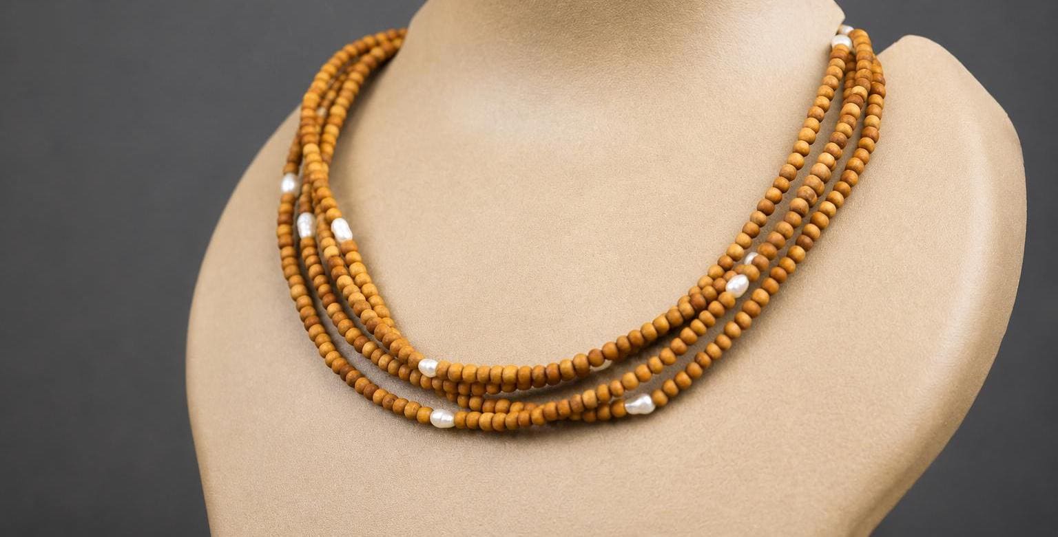 3-Round Tulsi Mala Necklace with Natural Pearls – Sacred Tulasi Wood Kanthimala - Spirutual Gift