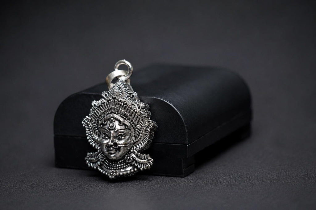 Goddess Durga Kali Face Pendant With Chain | Antique Oxidized Metal Charm | Indian Temple Jewelry