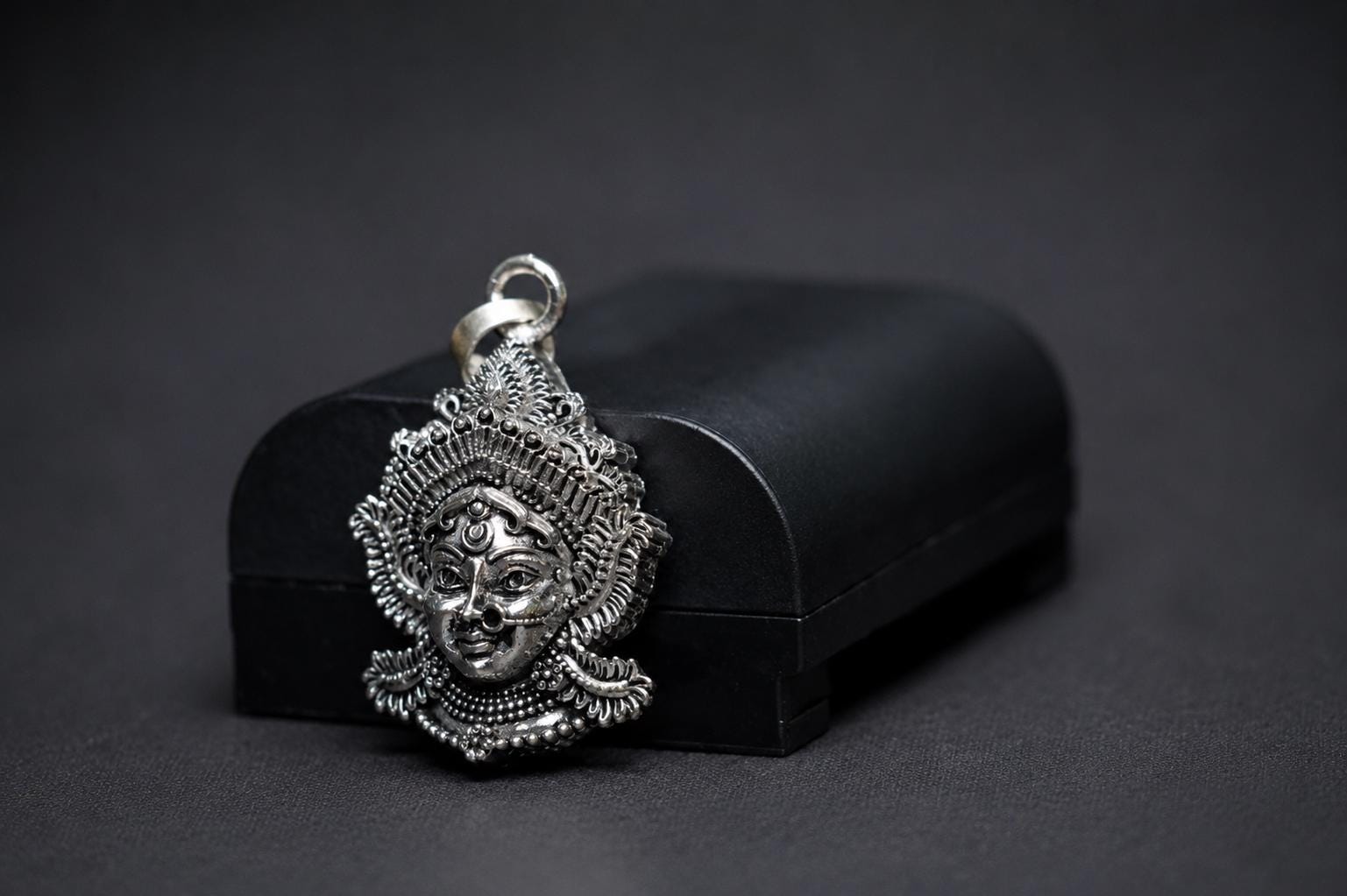 Goddess Durga Kali Face Pendant With Chain | Antique Oxidized Metal Charm | Indian Temple Jewelry