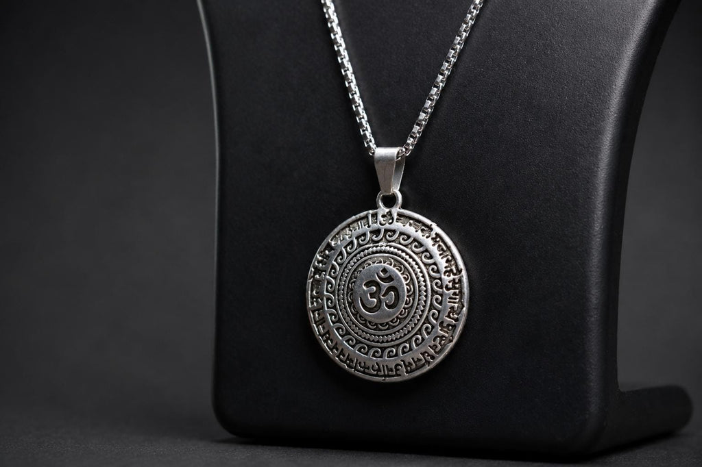 Oxidized Silver Finish Om Pendant | Sanskrit Mantra Sacred Mandala Charm | Circular Hindu Spiritual Locket