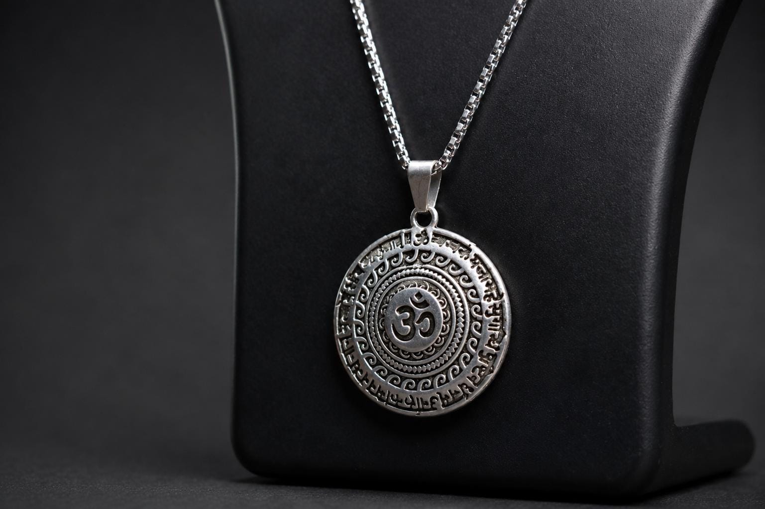 Oxidized Silver Finish Om Pendant | Sanskrit Mantra Sacred Mandala Charm | Circular Hindu Spiritual Locket