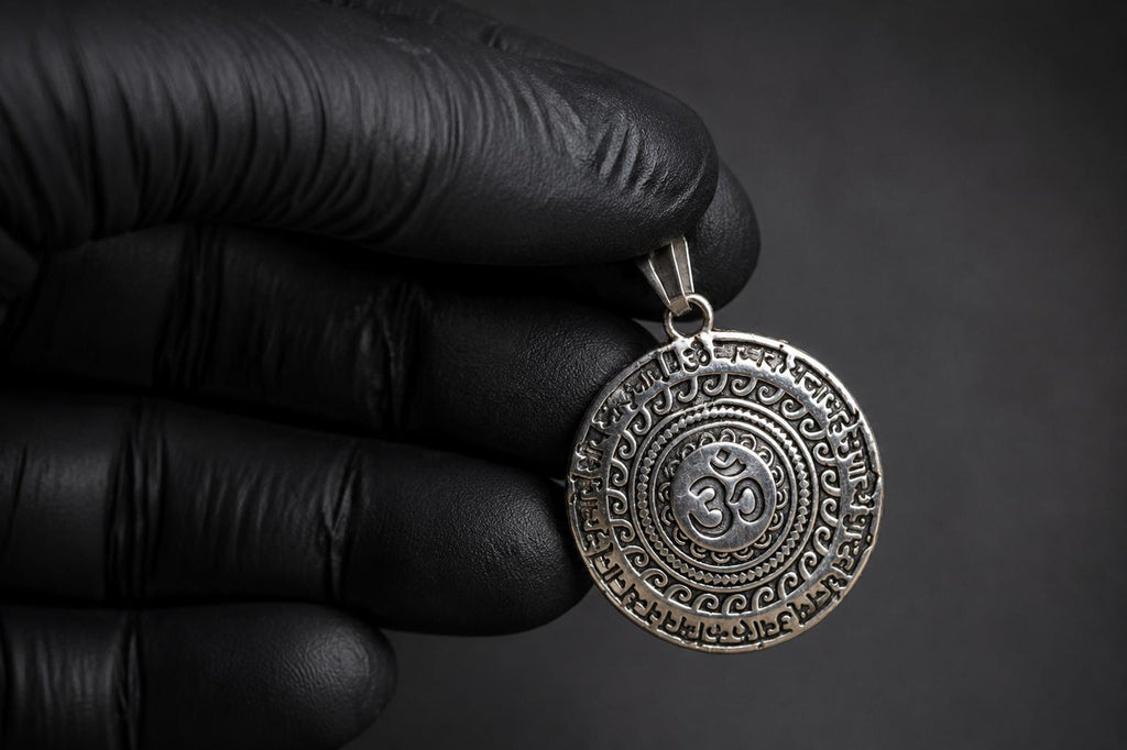 Oxidized Silver Finish Om Pendant | Sanskrit Mantra Sacred Mandala Charm | Circular Hindu Spiritual Locket