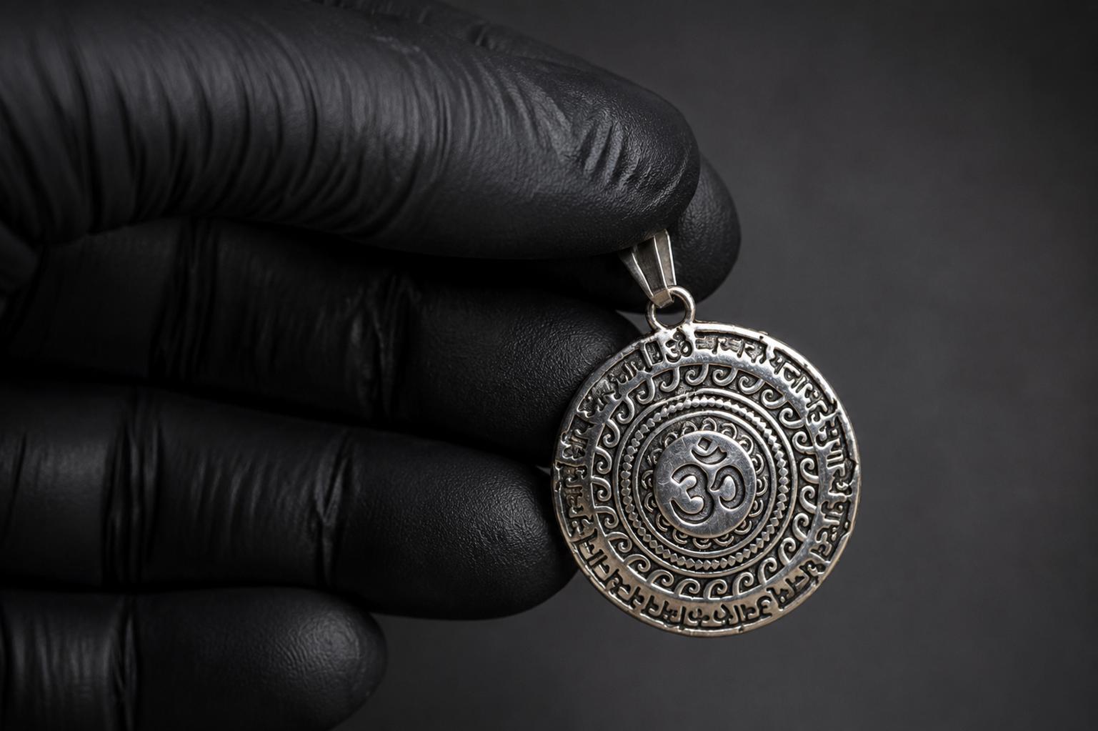 Oxidized Silver Finish Om Pendant | Sanskrit Mantra Sacred Mandala Charm | Circular Hindu Spiritual Locket