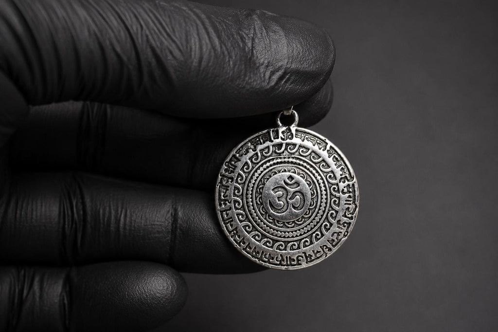 Oxidized Silver Finish Om Pendant | Sanskrit Mantra Sacred Mandala Charm | Circular Hindu Spiritual Locket