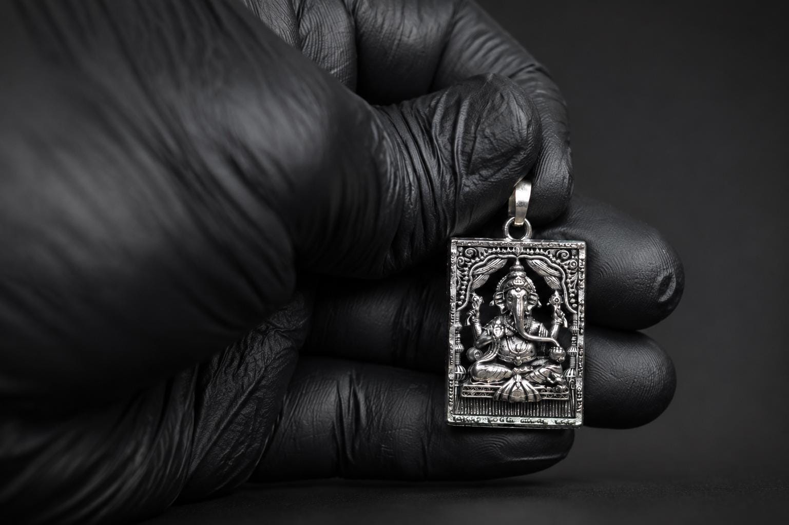 Silver Tone Finish Ganesh Metal Pendant | Sanskrit Mantra Sacred Ganesha