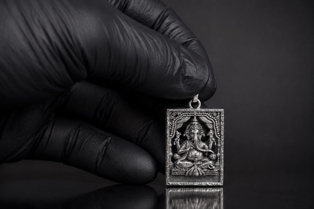 Silver Tone Finish Ganesh Metal Pendant | Sanskrit Mantra Sacred Ganesha