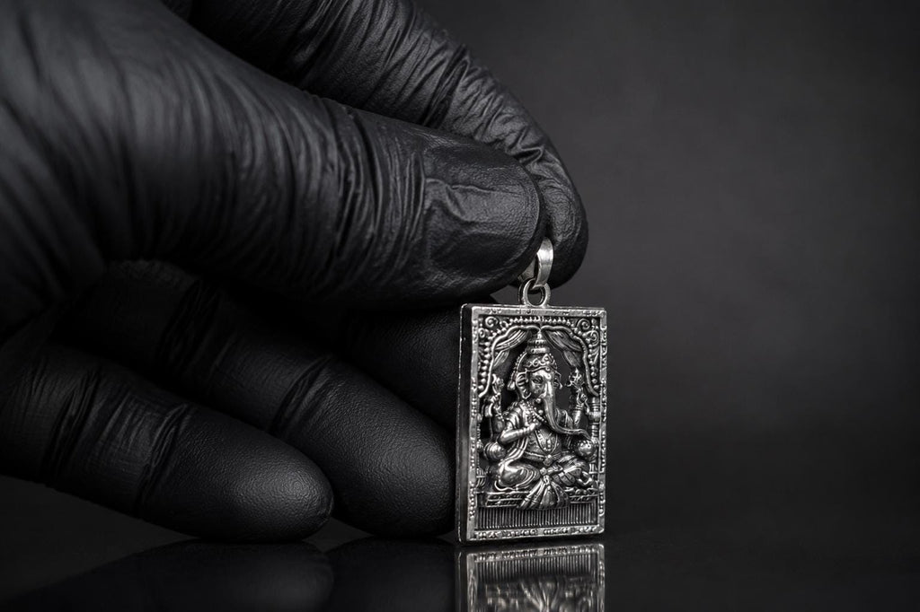 Silver Tone Finish Ganesh Metal Pendant | Sanskrit Mantra Sacred Ganesha