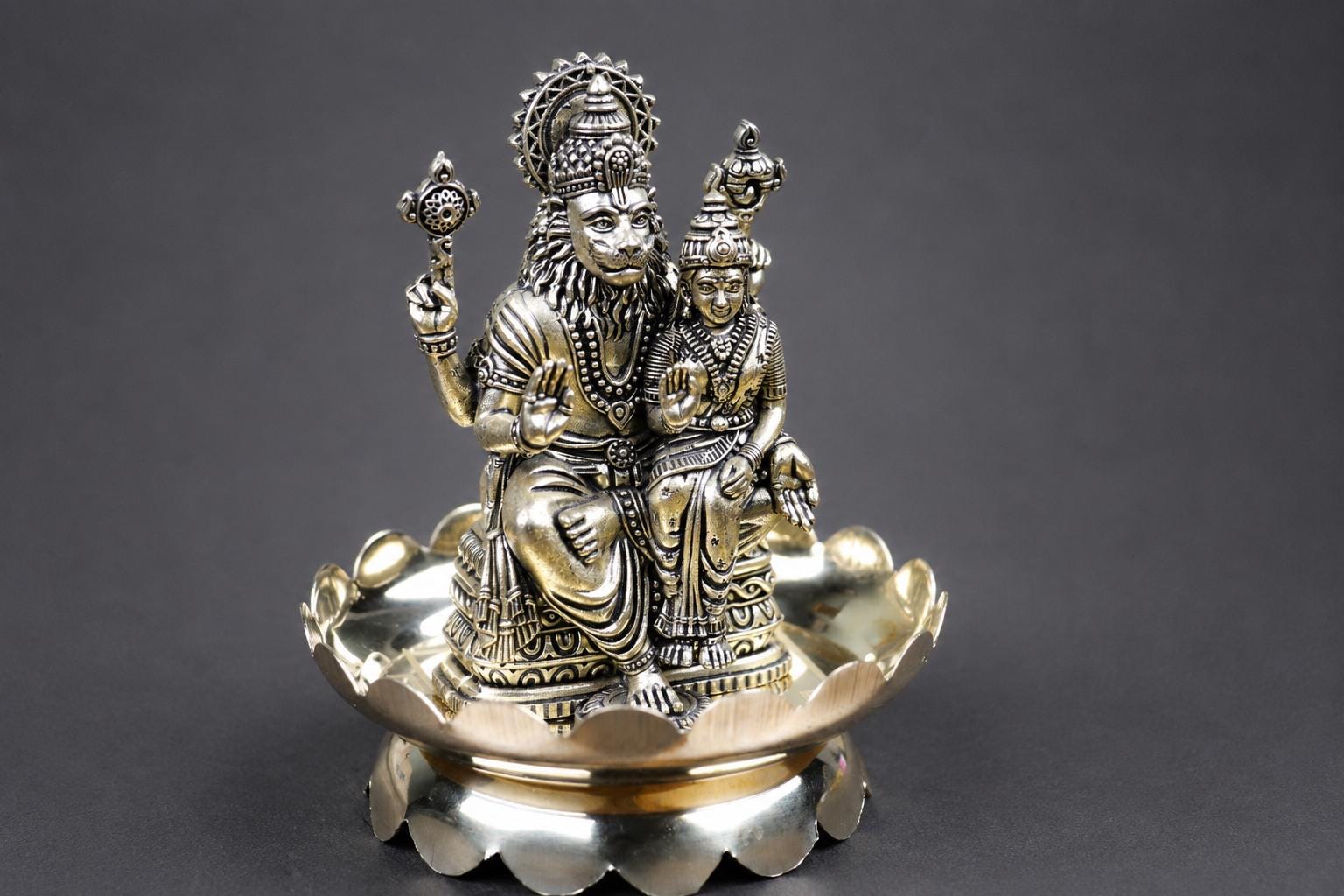 Brass Lakshmi Narasimha Statue With Sri Yantra Design Plate 4inch - Puja Home Decor