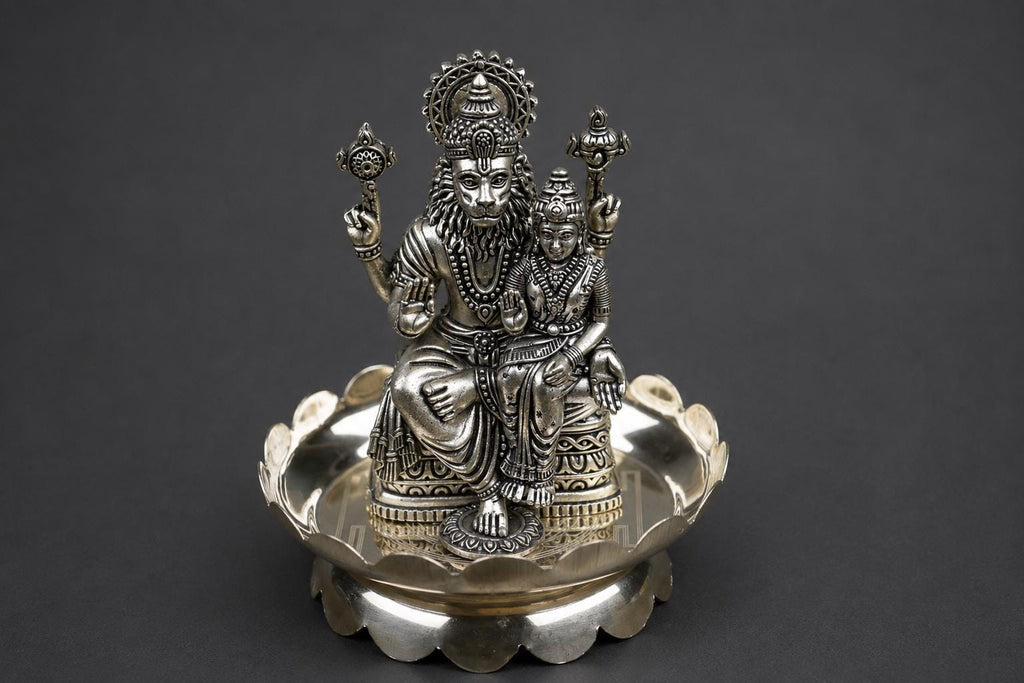 Brass Lakshmi Narasimha Statue With Sri Yantra Design Plate 4inch - Puja Home Decor