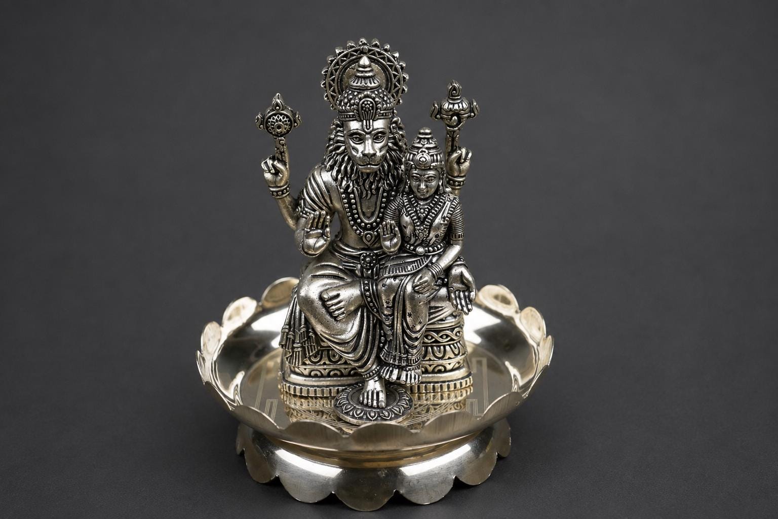 Brass Lakshmi Narasimha Statue With Sri Yantra Design Plate 4inch - Puja Home Decor