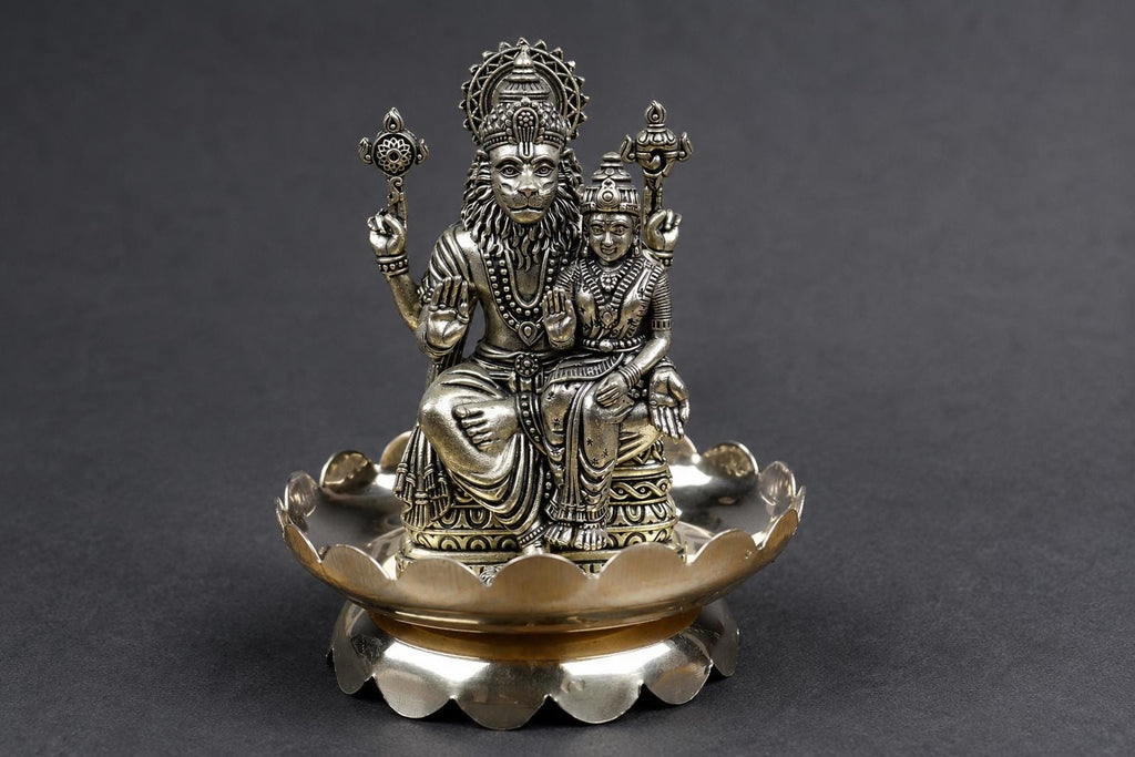 Brass Lakshmi Narasimha Statue With Sri Yantra Design Plate 4inch - Puja Home Decor