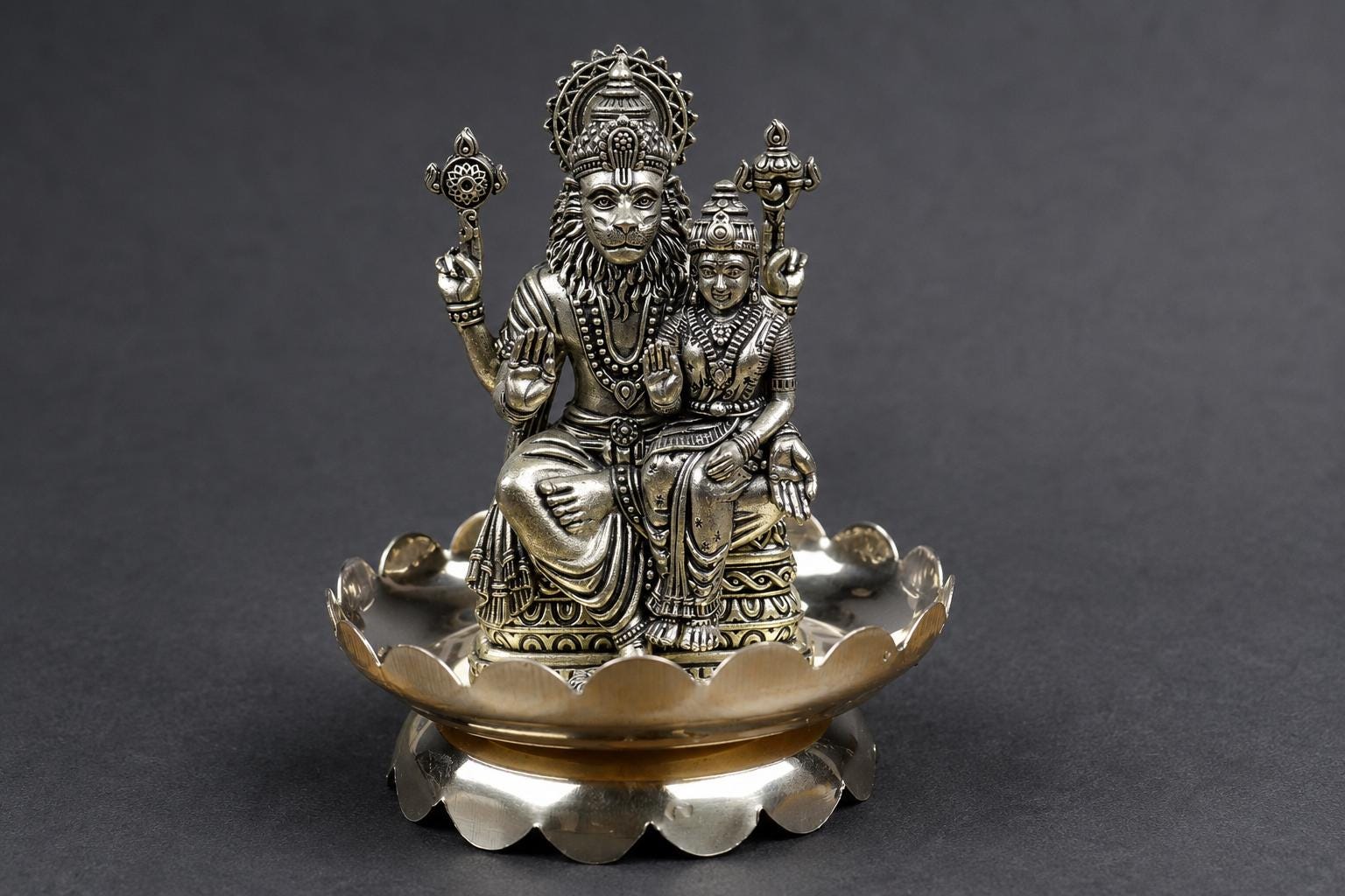 Brass Lakshmi Narasimha Statue With Sri Yantra Design Plate 4inch - Puja Home Decor