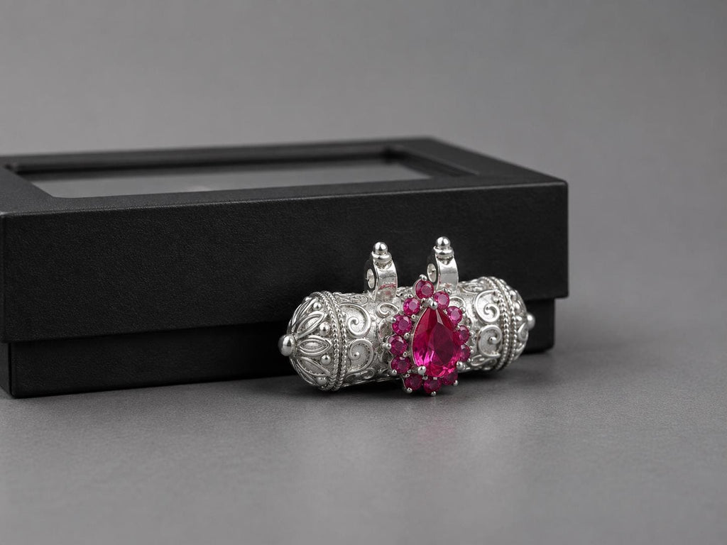 Sterling Silver Narsimha Kavach Pendant, Pink Gemstone, ISKCON Devotional Locket