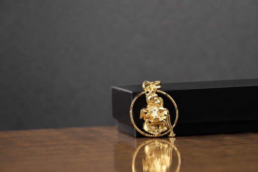 Gold Plated Panchaloham Krishna With Cow Pendant, Vedic Protection Amulet